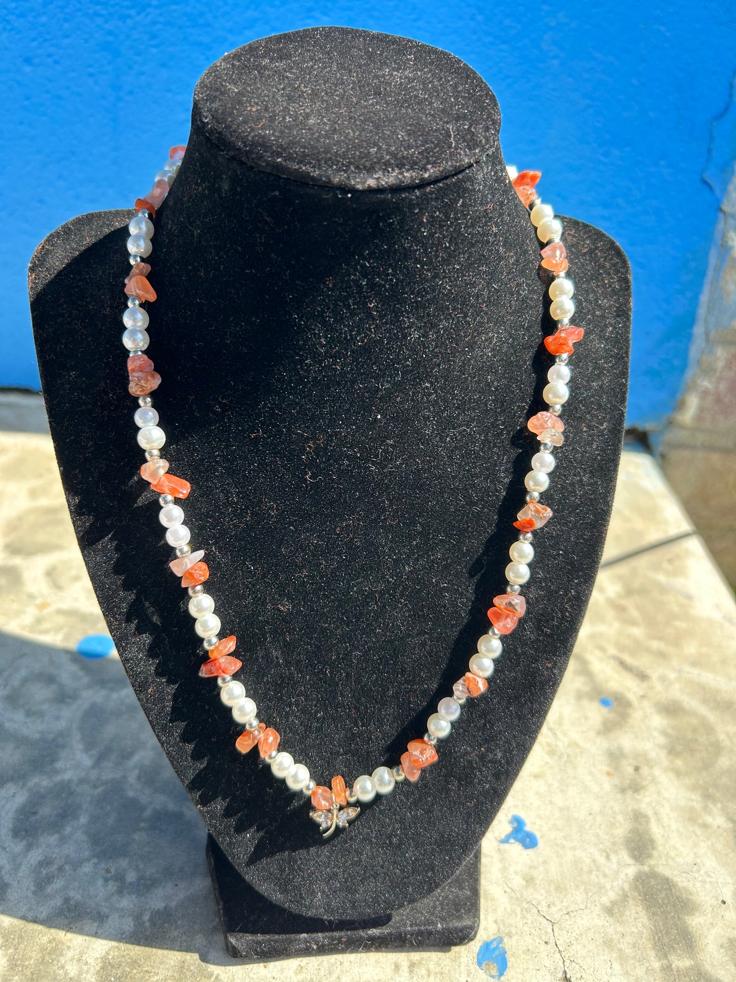 Red Agate Pearl Necklace W/ Dragonfly Charm