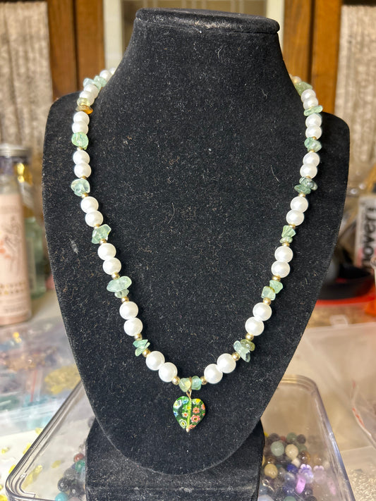 Varicite Pearl Necklace w/ green heart charm
