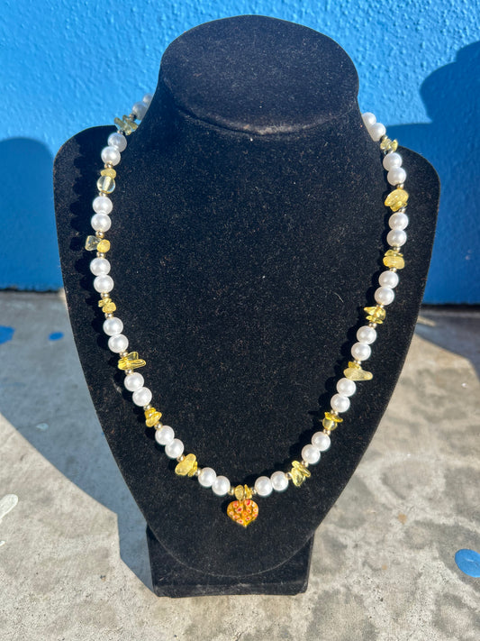 Citrine Pearl Necklace w/ Heart Charm