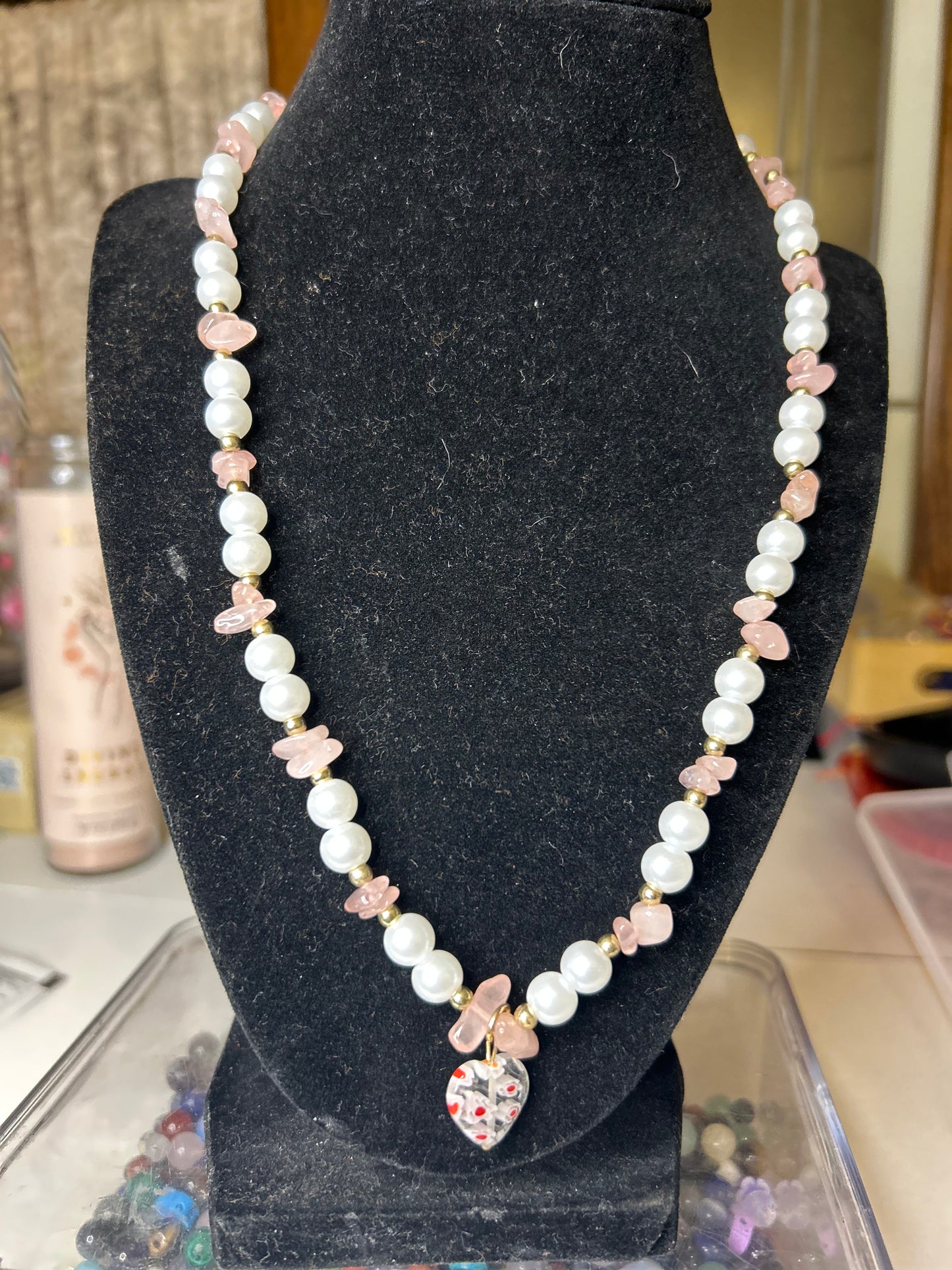 Rose Quartz Pearl Necklaces w/ heart charm