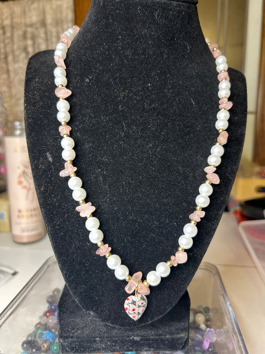 Rose Quartz Pearl Necklaces w/ heart charm