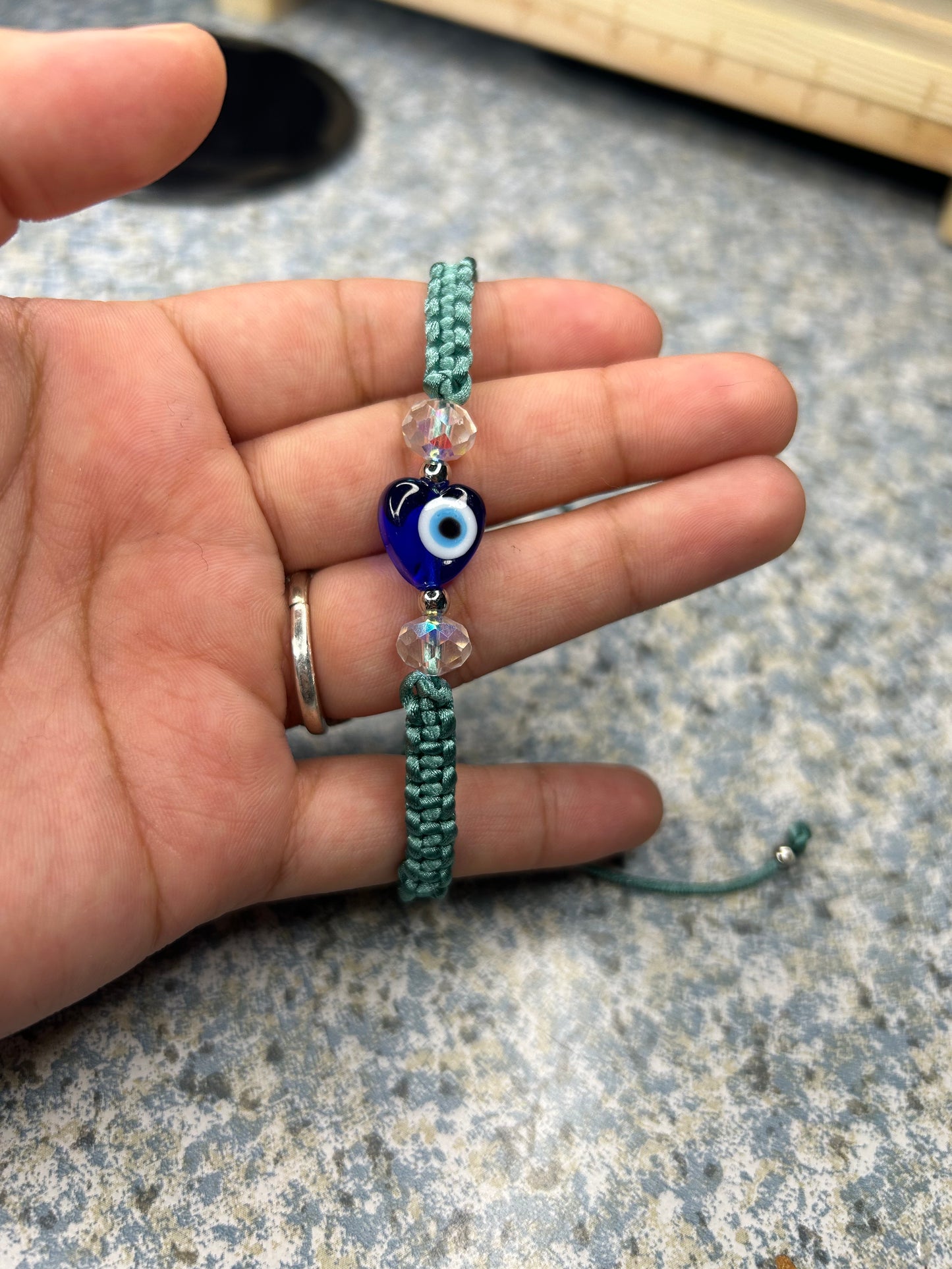 Sage Green Heart Evil Eye Bracelet